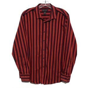 INC Red Orange Black Striped Button Shirt Mens L Maximalist Preppy Office Retro